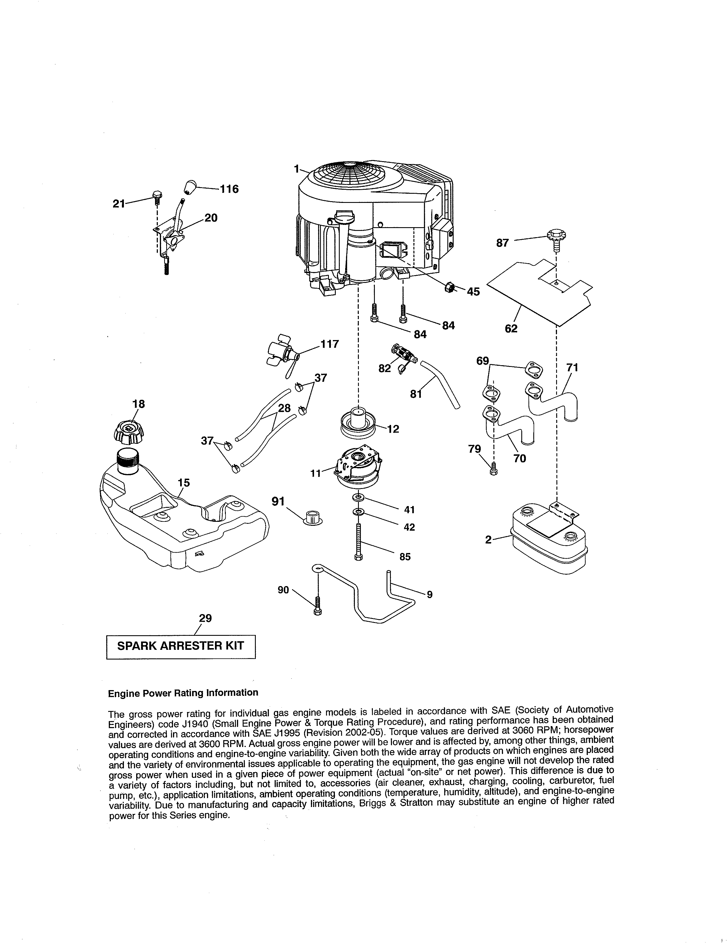 Engine Diagram and Parts List for 917204031  Craftsman Lawn Tractor
