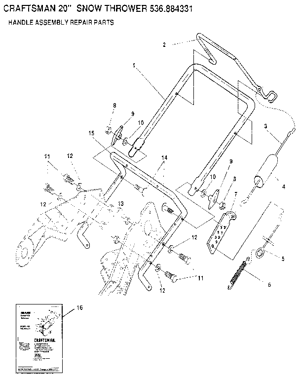 Handle Assembly Diagram and Parts List for 536884331  Craftsman Snow Blower