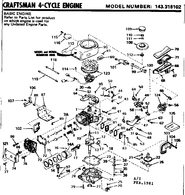 Replacement Parts Diagram and Parts List for 143316102  Craftsman Engine