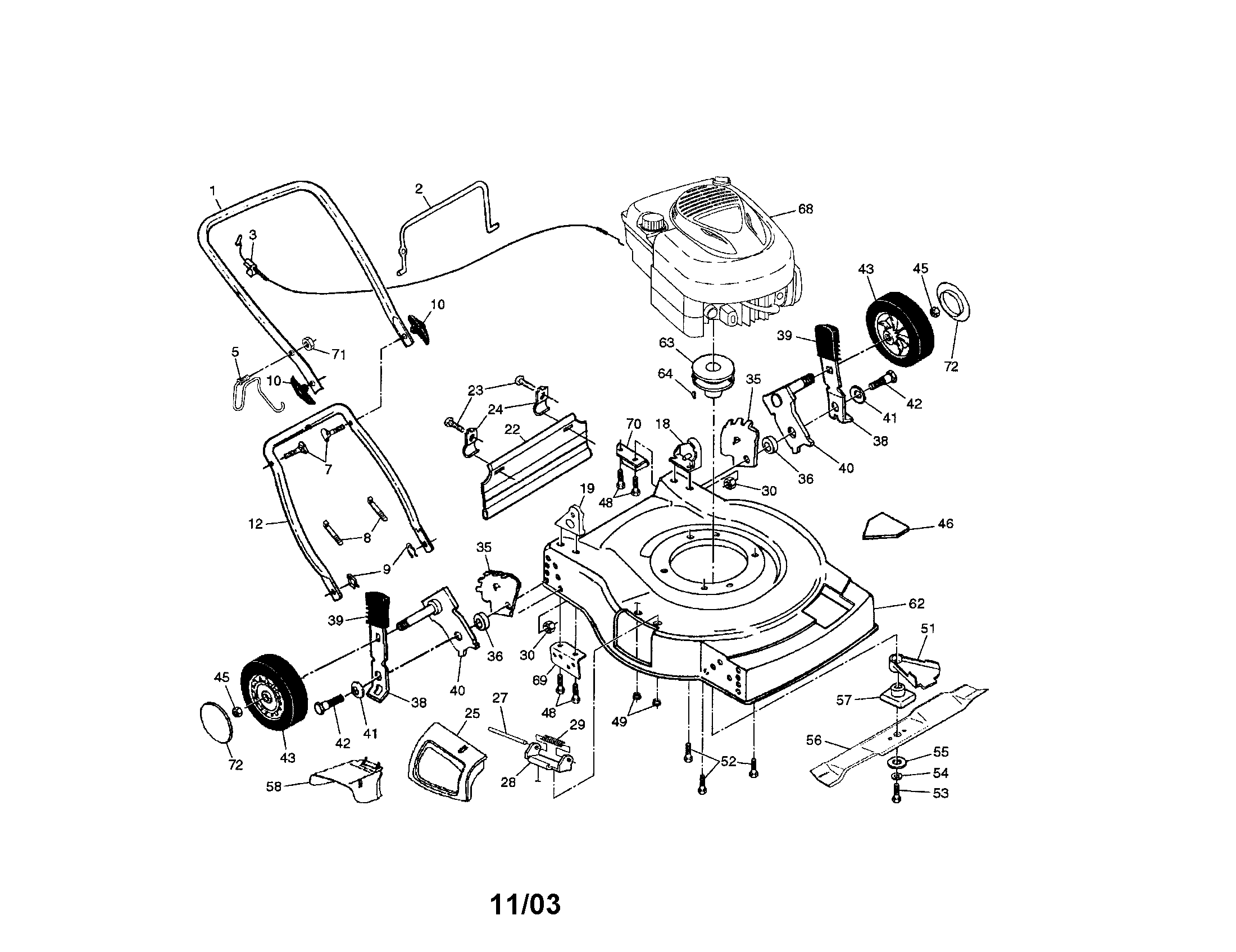 Engine/handle/housing/wheels Diagram and Parts List for 917379090  Craftsman Lawn Mower