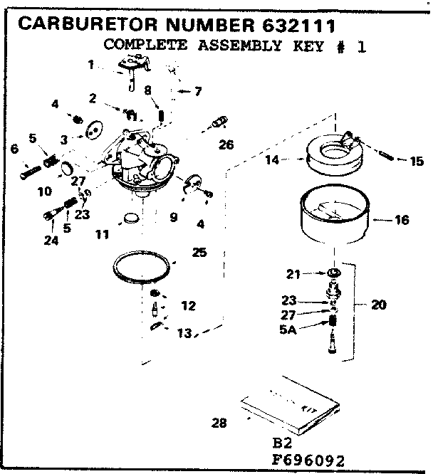 Carburetor Diagram and Parts List for 143696092  Craftsman Engine