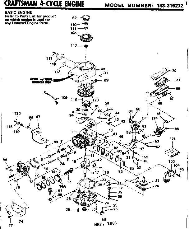 Replacement Parts Diagram and Parts List for 143316272  Craftsman Engine