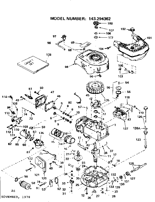 Replacement Parts Diagram and Parts List for 143294362  Craftsman Engine