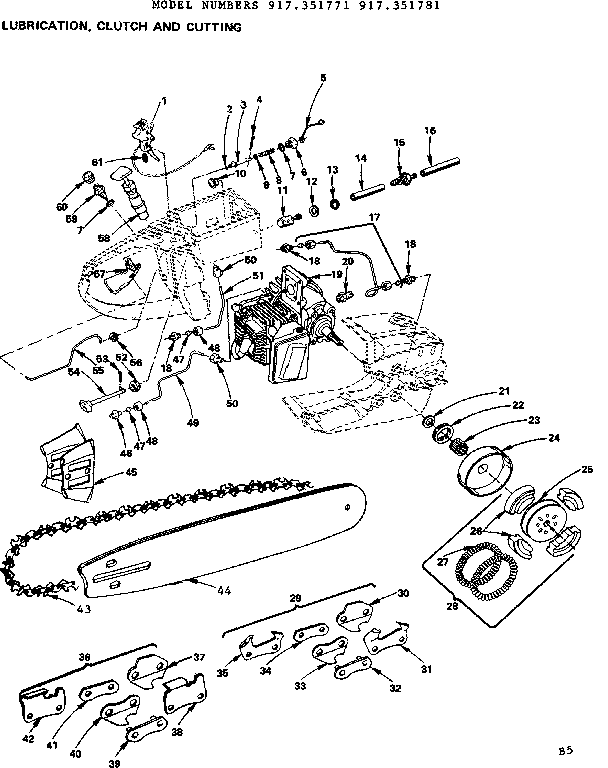 Lubrication, Clutch And Cutting Diagram and Parts List for 917351771  Craftsman Chainsaw