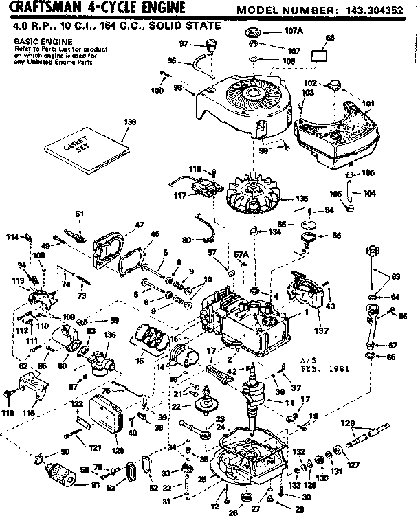 Replacement Parts Diagram and Parts List for 143304352  Craftsman Engine