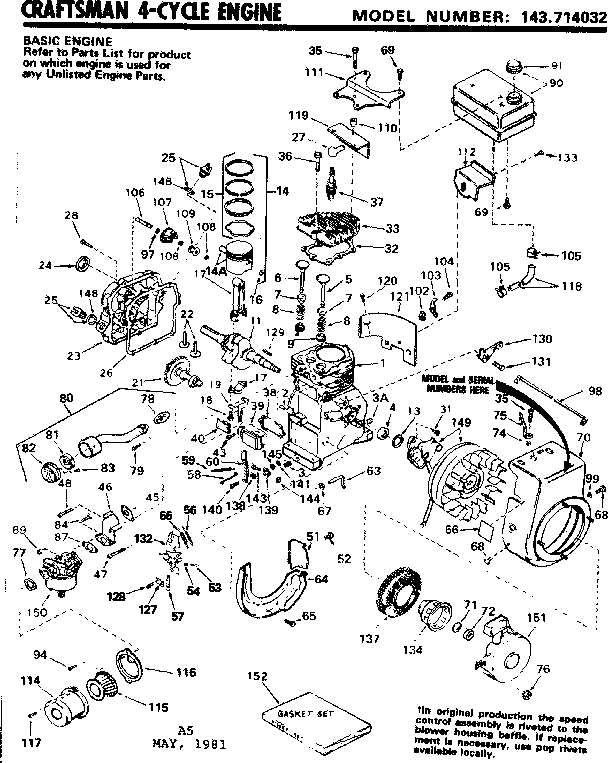 Replacement Parts Diagram and Parts List for 143714032  Craftsman Engine