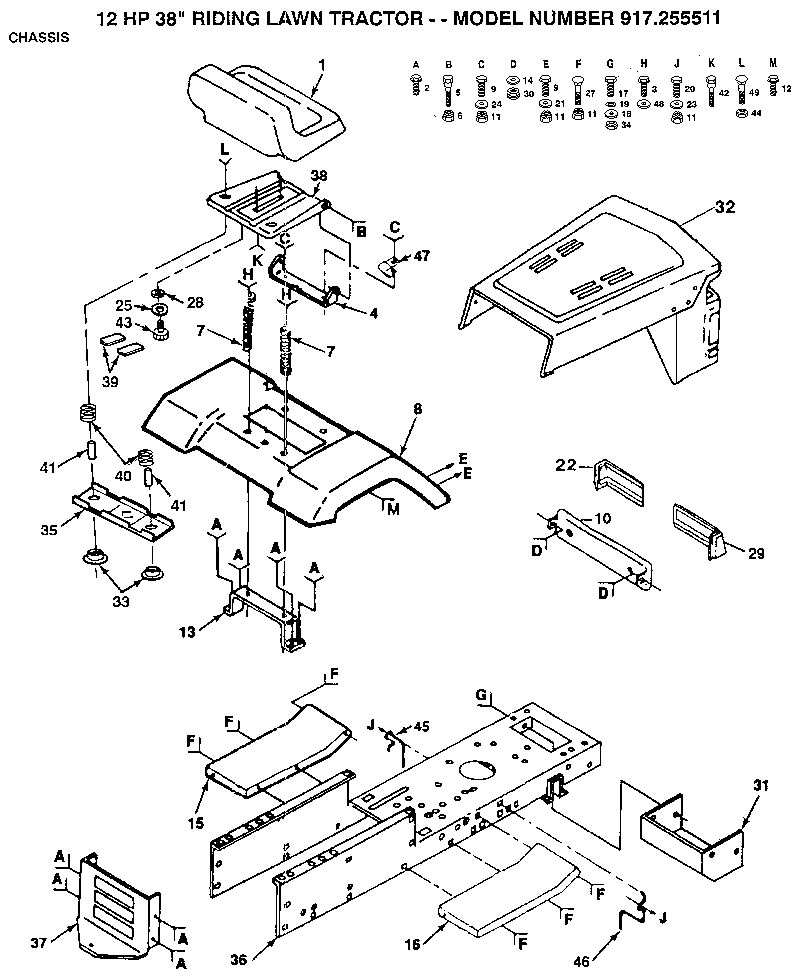 Chassis Diagram and Parts List for 917255511  Craftsman Lawn Tractor