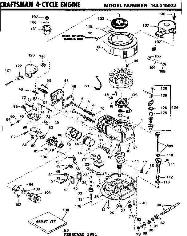 Replacement Parts Diagram and Parts List for 143315022  Craftsman Engine