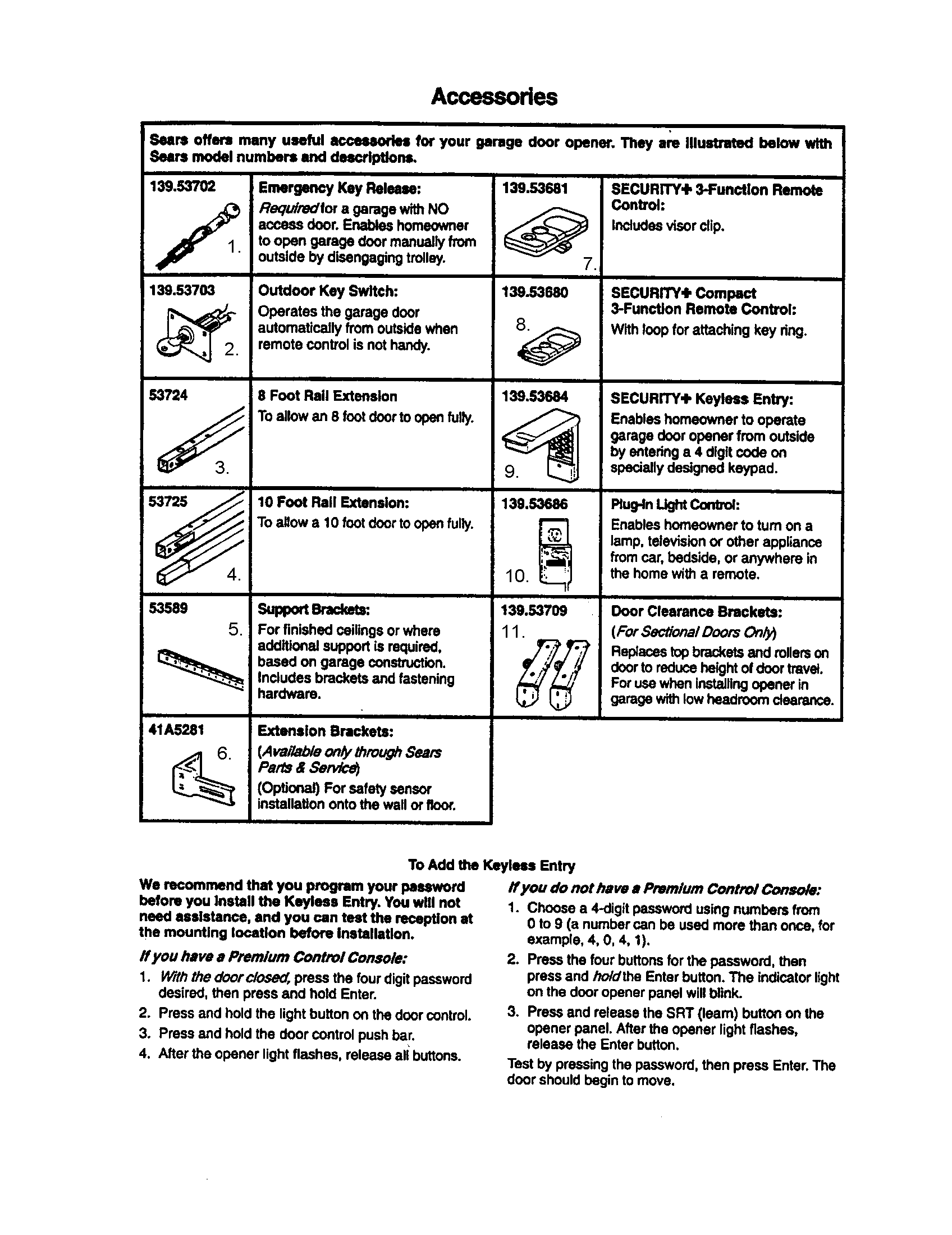 Accessories Diagram and Parts List for 13953974  Craftsman Garage Door Opener