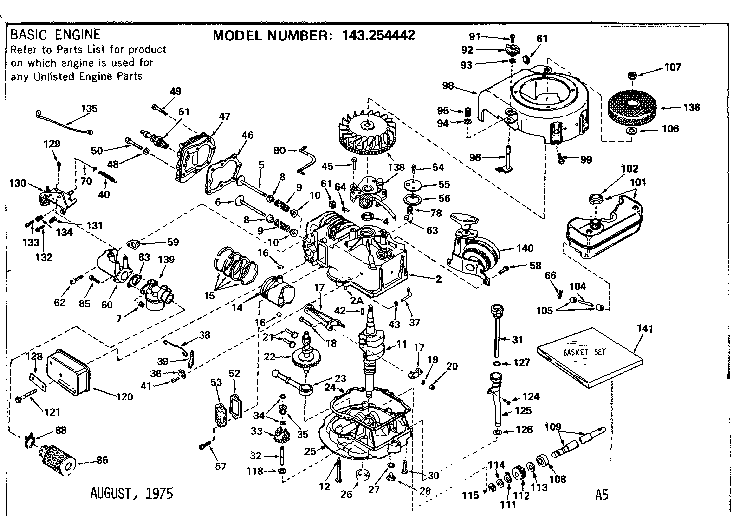 Replacement Parts Diagram and Parts List for 143254442  Craftsman Engine