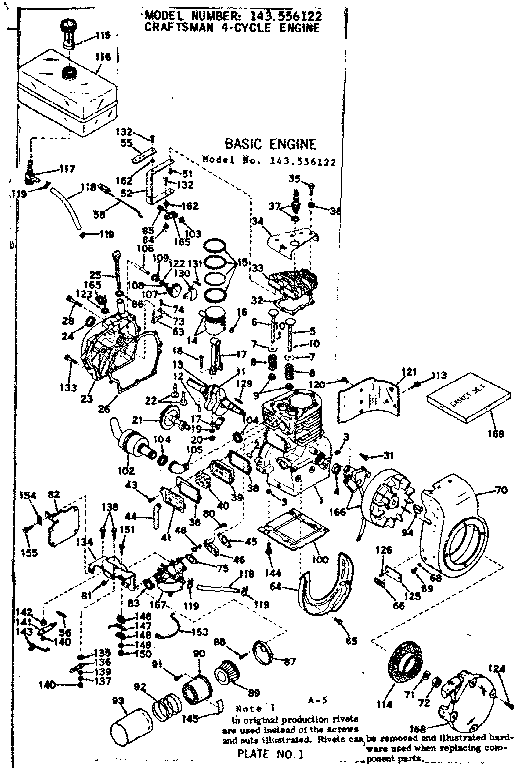 Basic Engine Diagram and Parts List for 143556122  Craftsman Engine