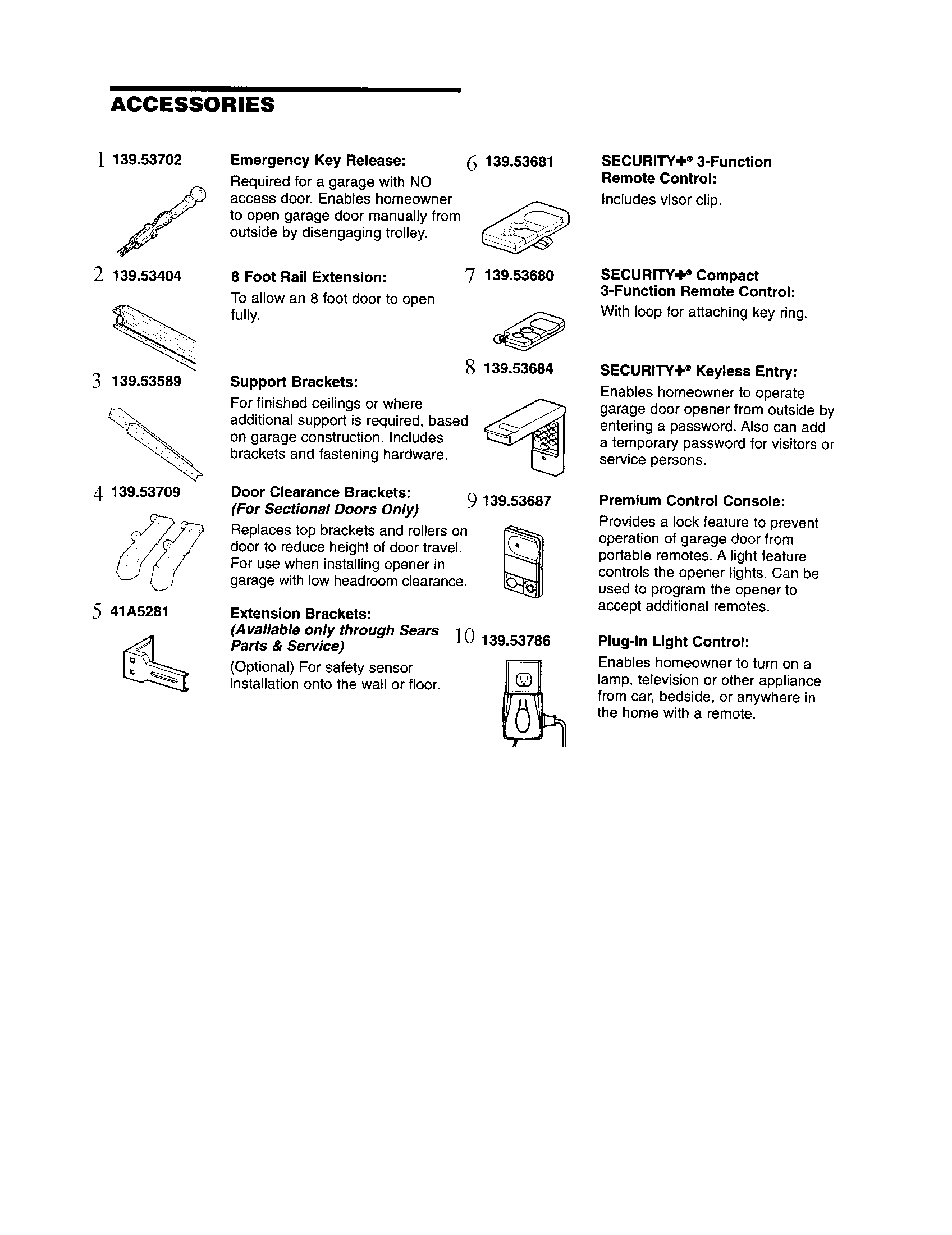 Accessories Diagram and Parts List for 1395399211  Craftsman Garage Door Opener