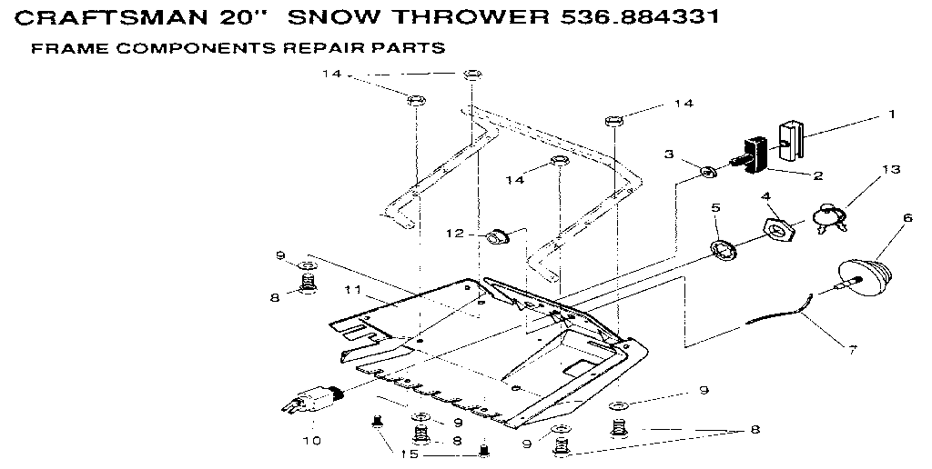 Frame Components Diagram and Parts List for 536884331  Craftsman Snow Blower