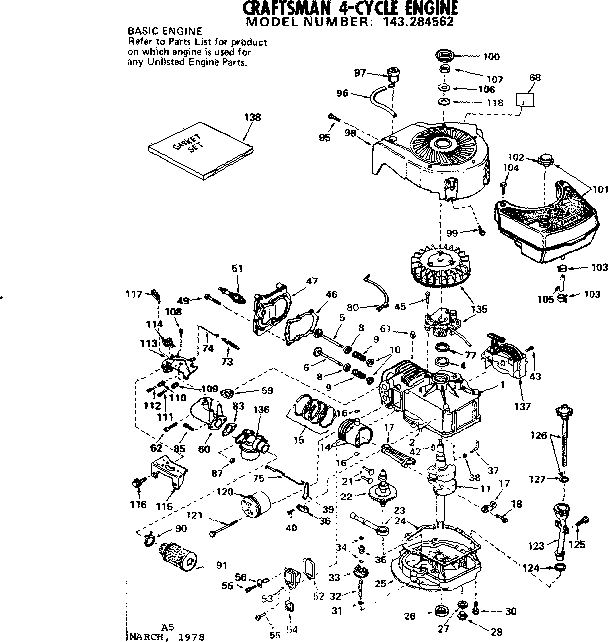 Replacement Parts Diagram and Parts List for 143284562  Craftsman Engine