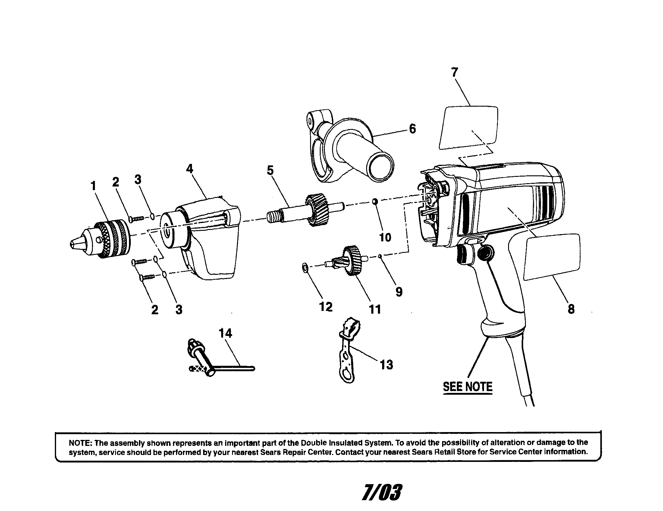 Gear Housing/handle/chuck Diagram and Parts List for 315101130  Craftsman Boring Machine
