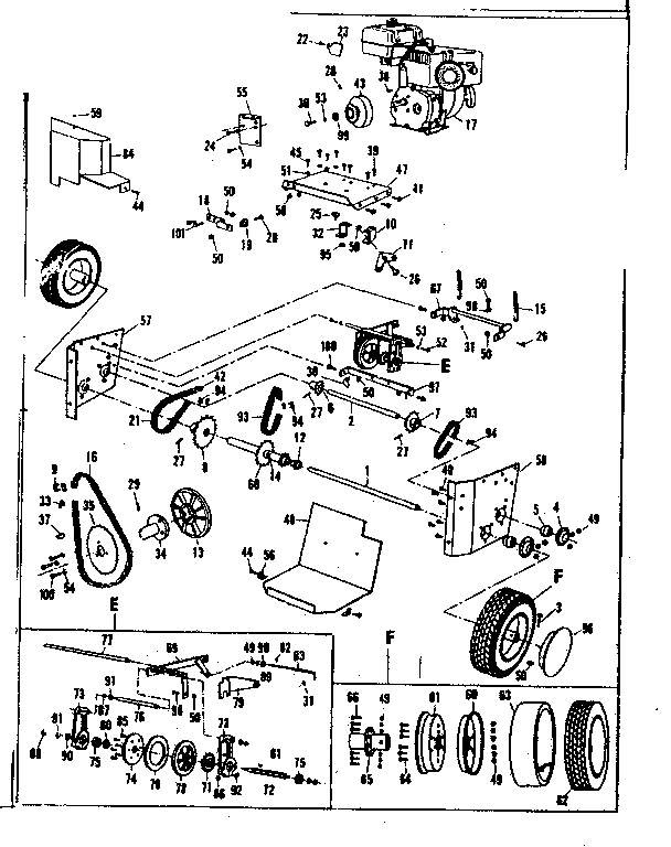 Engine And Wheel Assembly Diagram and Parts List for 53682563  Craftsman Snow Blower