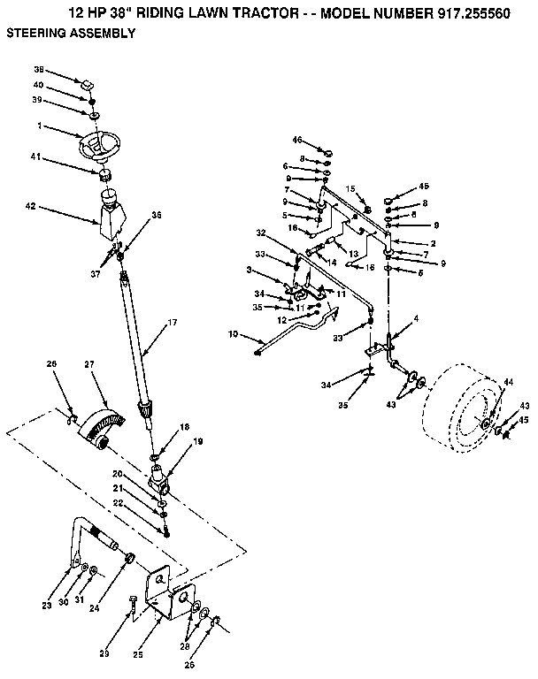 Steering Assembly Diagram and Parts List for 917255560  Craftsman Lawn Tractor