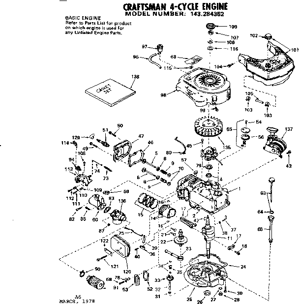 Replacement Parts Diagram and Parts List for 143284352  Craftsman Engine