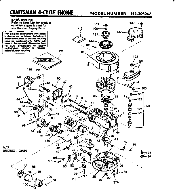 Replacement Parts Diagram and Parts List for 143305062  Craftsman Engine