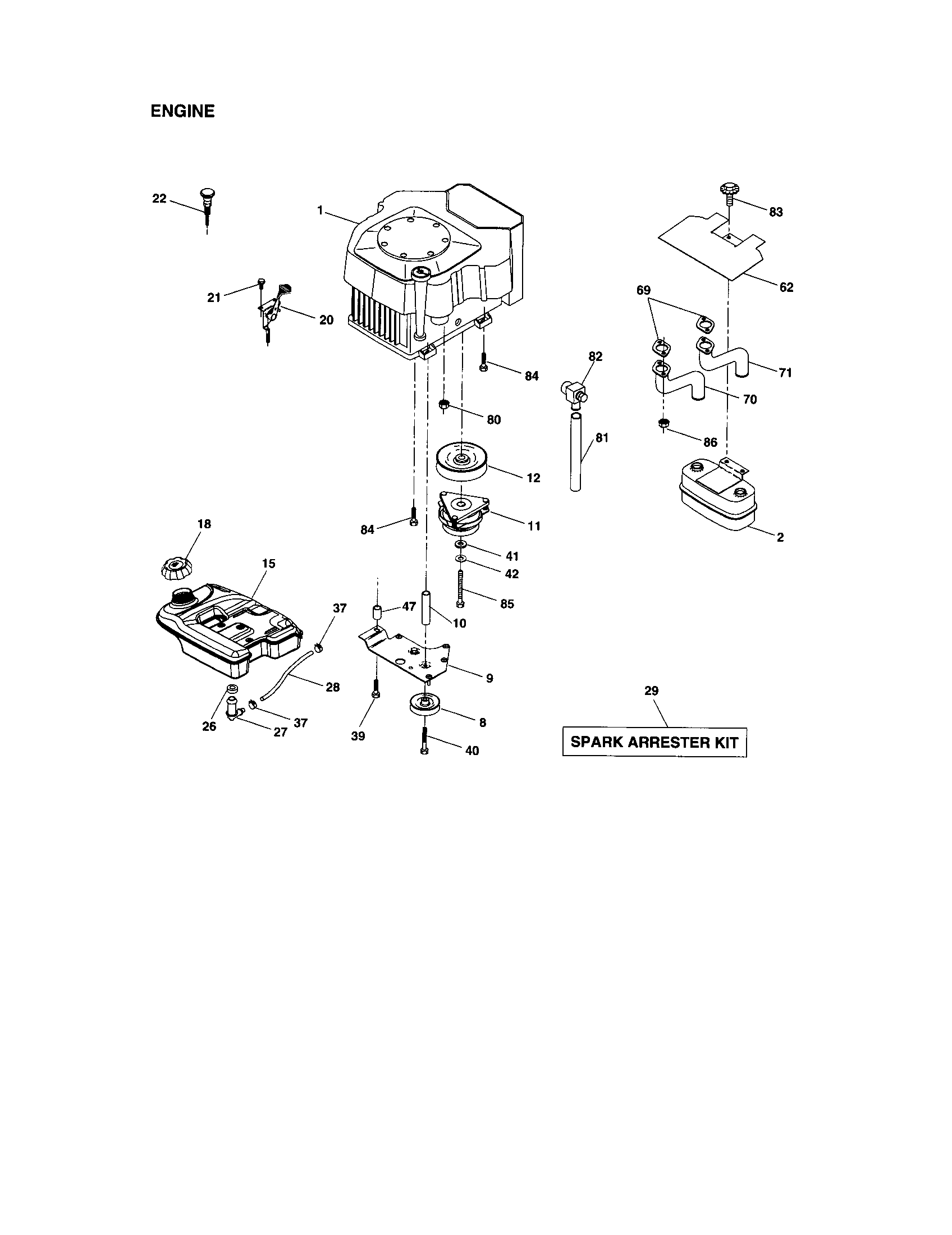 Engine Diagram and Parts List for 917276013  Craftsman Lawn Tractor