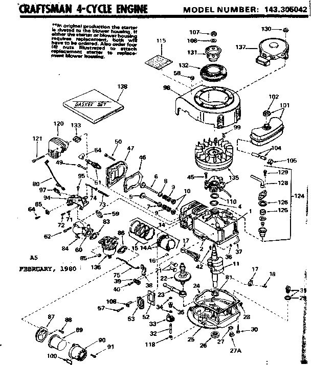 Replacement Parts Diagram and Parts List for 143305042  Craftsman Engine