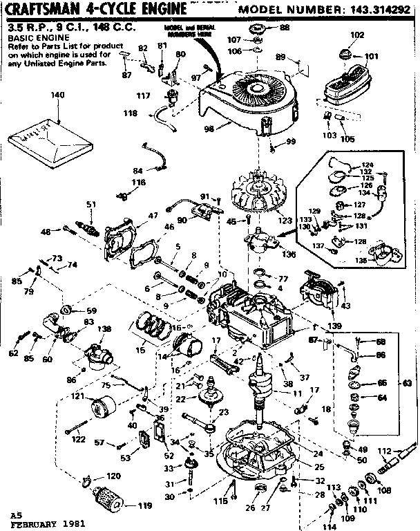 Replacement Parts Diagram and Parts List for 143314292  Craftsman Engine