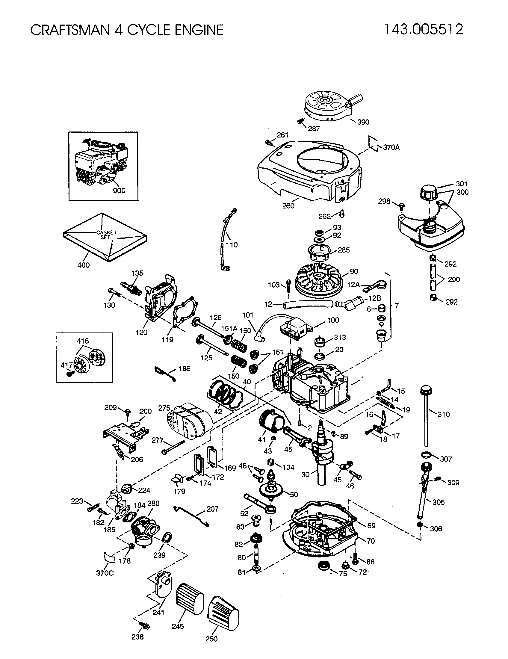 Replacement Parts Diagram and Parts List for 143005512  Craftsman Engine