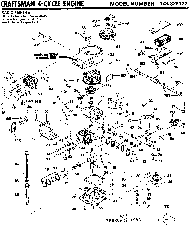 Replacement Parts Diagram and Parts List for 143326122  Craftsman Engine