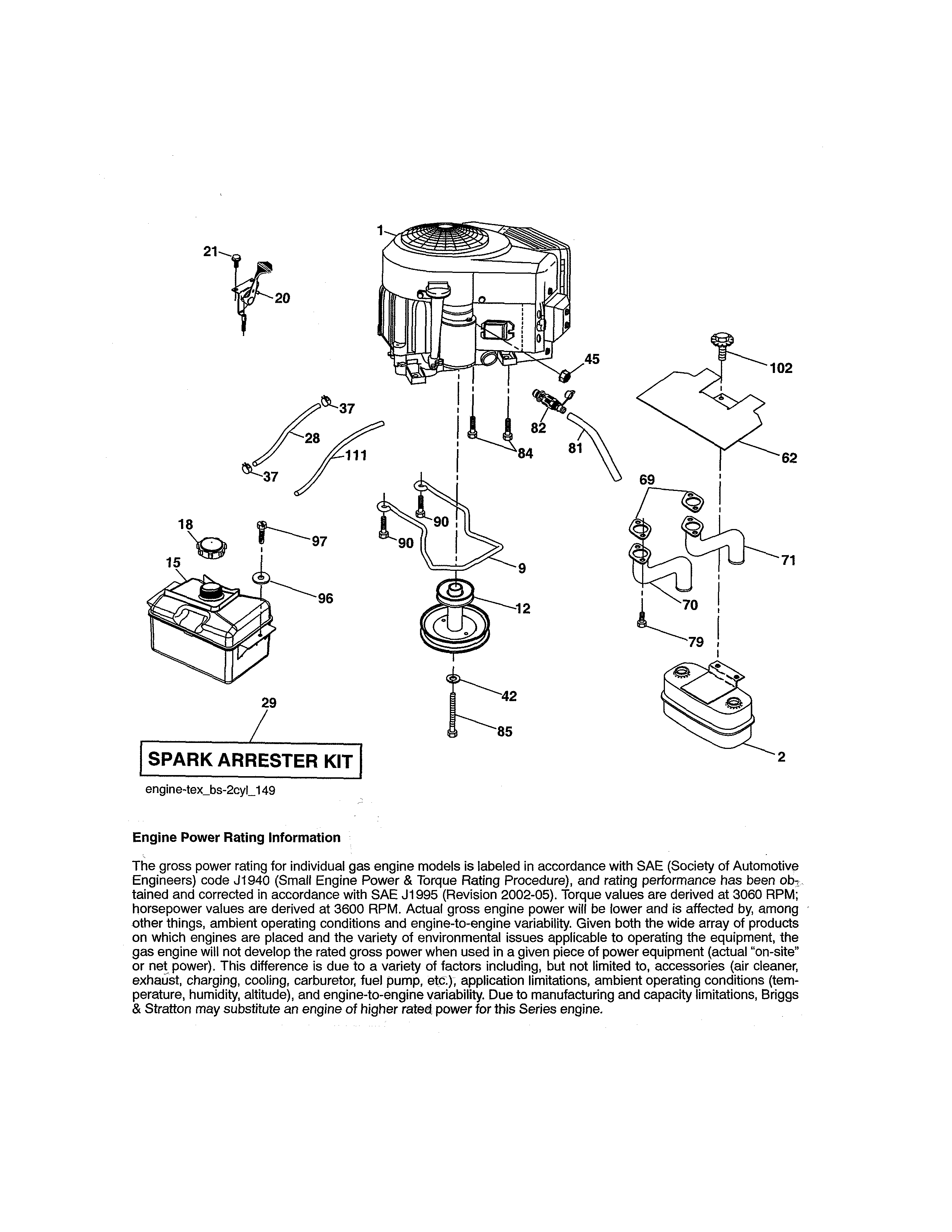 Engine Diagram and Parts List for 917273980  Craftsman Lawn Tractor