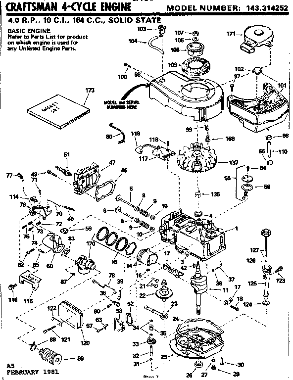 Replacement Parts Diagram and Parts List for 143314252  Craftsman Engine