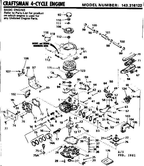 Replacement Parts Diagram and Parts List for 143316122  Craftsman Engine