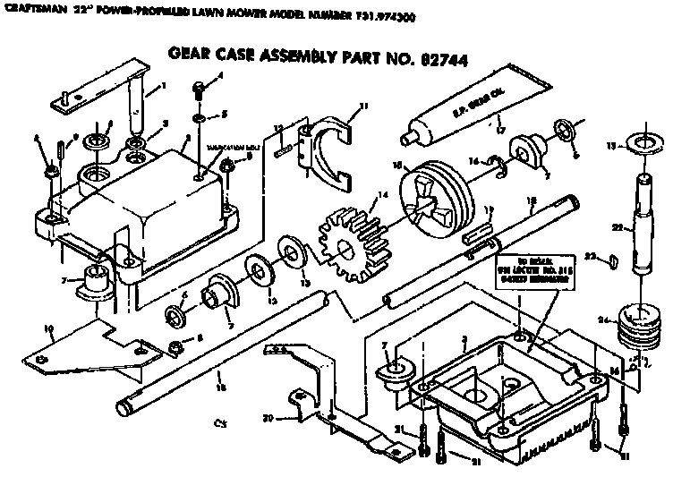 Gear Case Assembly Diagram and Parts List for 131974300  Craftsman Lawn Mower