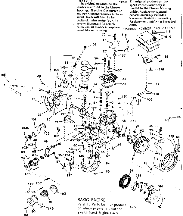 Basic Engine Diagram and Parts List for 143617152  Craftsman Engine
