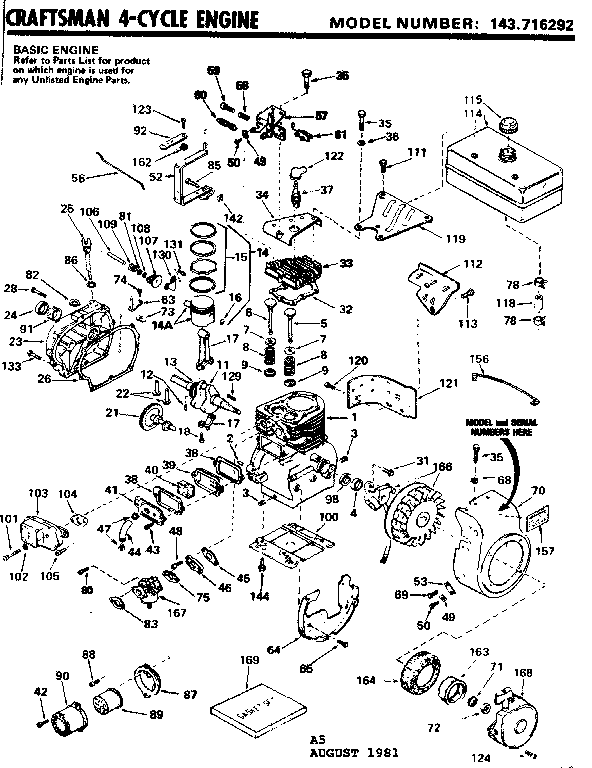 Replacement Parts Diagram and Parts List for 143716292  Craftsman Engine