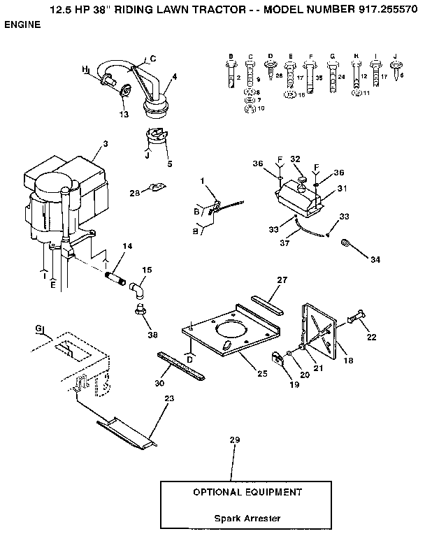 Engine Diagram and Parts List for 917255570  Craftsman Lawn Tractor