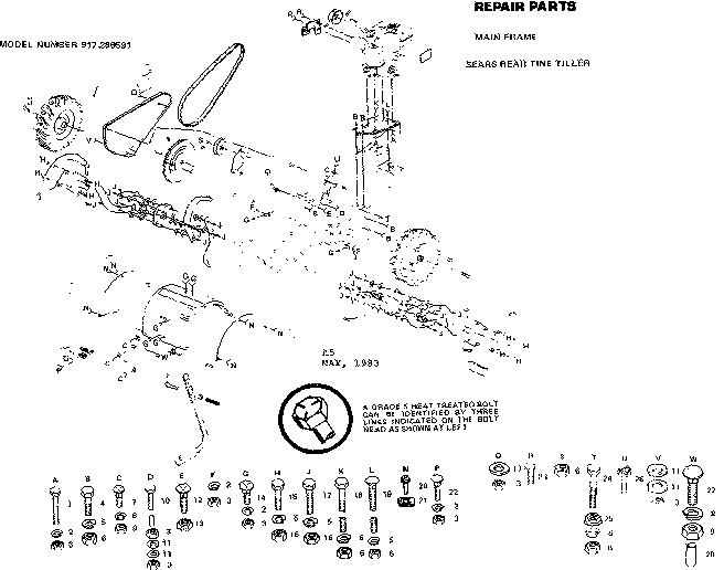 Main Frame Diagram and Parts List for 917299591  Craftsman Tiller