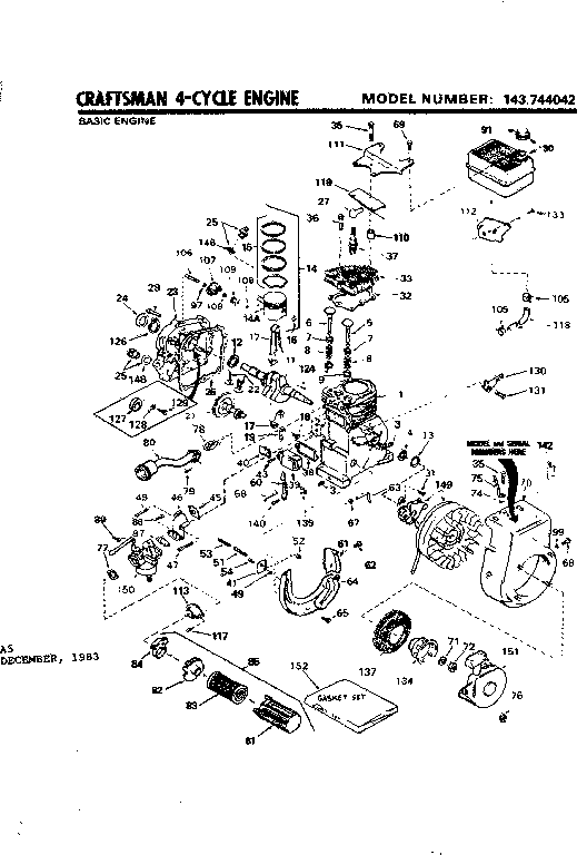 Replacement Parts Diagram and Parts List for 143744042  Craftsman Engine