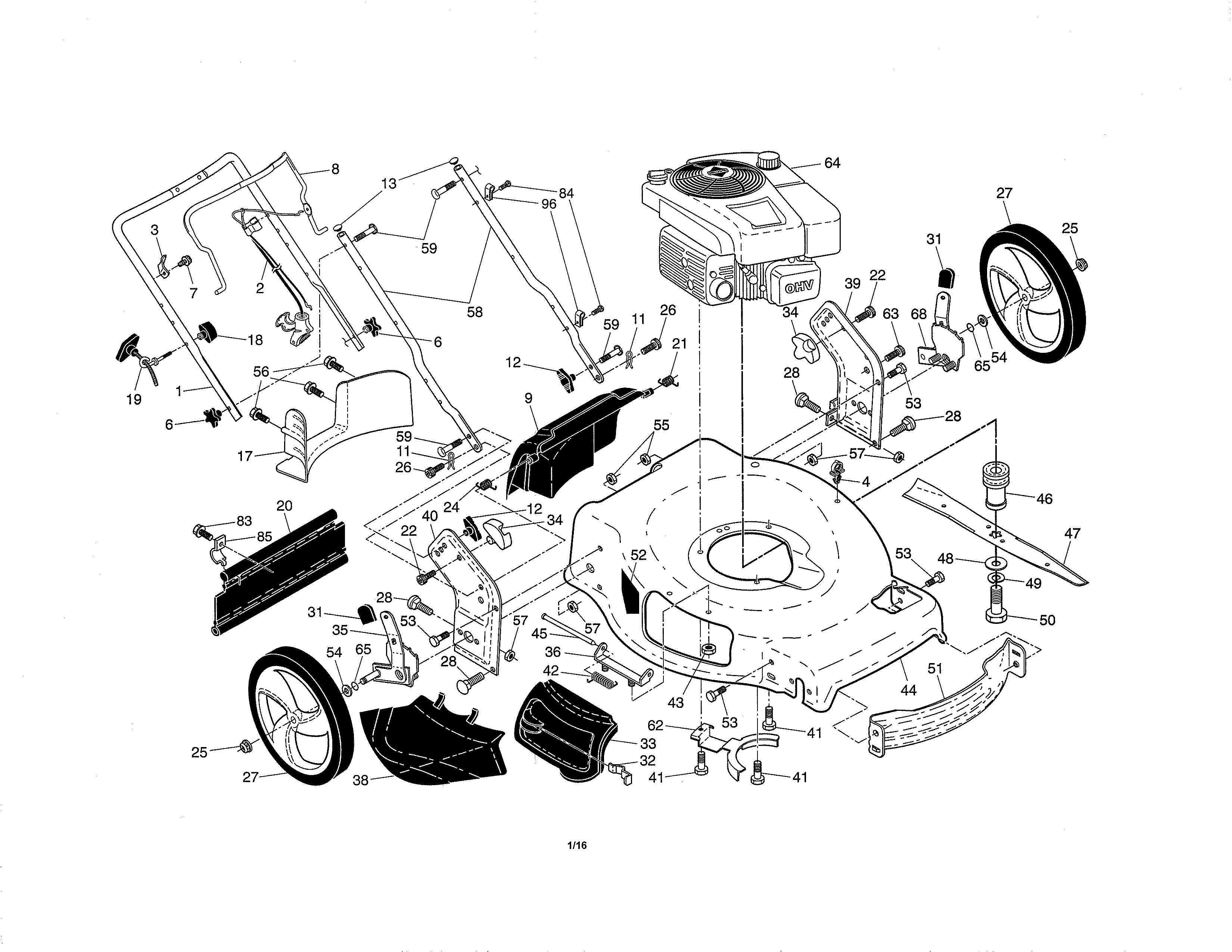 Engine/housing/handle Diagram and Parts List for 917375452  Craftsman Lawn Mower