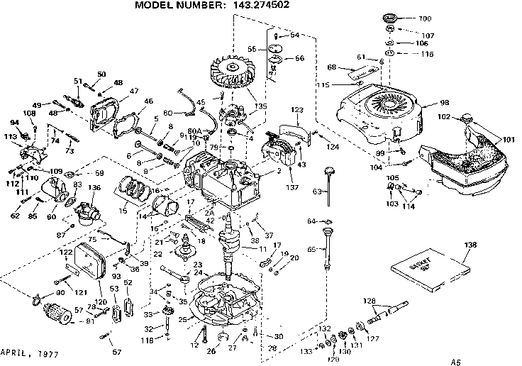 Replacement Parts Diagram and Parts List for 143274502  Craftsman Engine