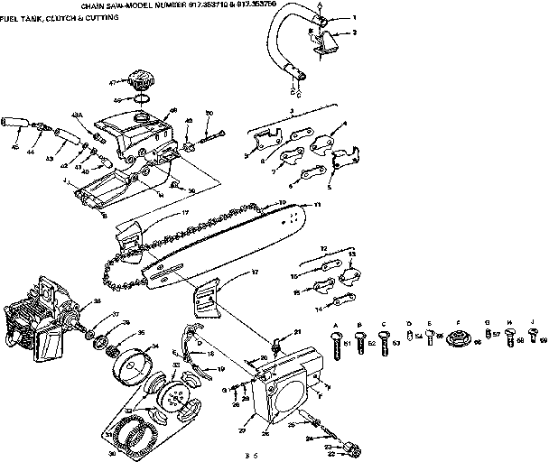 Fuel Tank, Clutch & Cutting Diagram and Parts List for 917353710  Craftsman Chainsaw