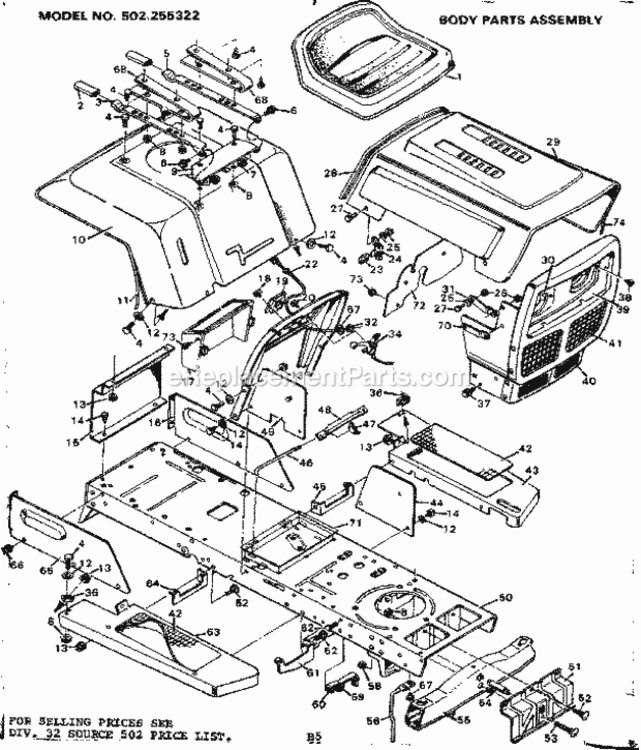 Page B Diagram and Parts List for 502255322  Craftsman Lawn Tractor