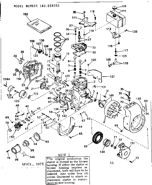 Replacement Parts Diagram and Parts List for 143654052  Craftsman Engine