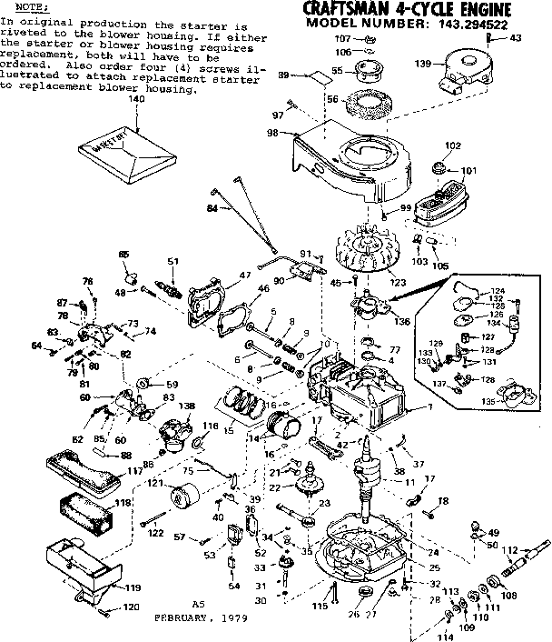 Replacement Parts Diagram and Parts List for 143294522  Craftsman Engine