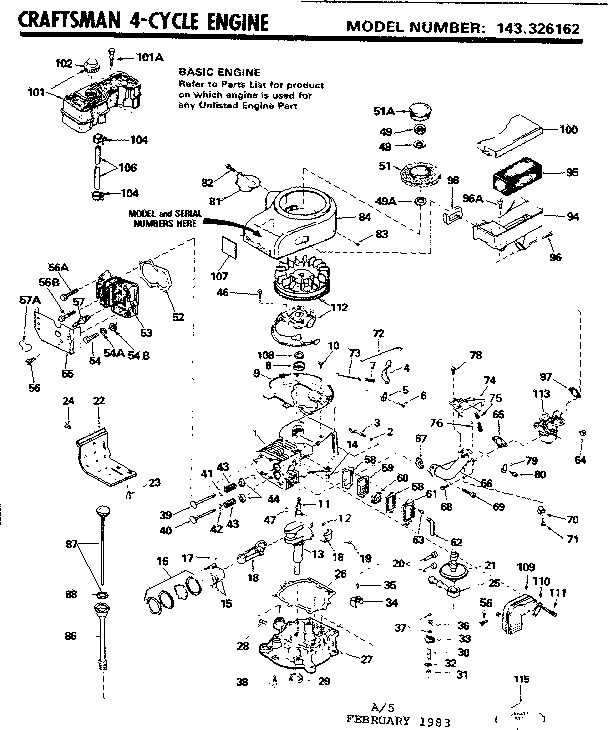 Replacement Parts Diagram and Parts List for 143326162  Craftsman Engine
