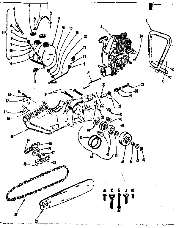 Main Frame Diagram and Parts List for 91760042  Craftsman Chainsaw