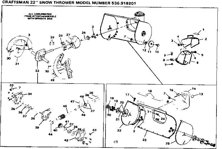 Auger Housing Assembly Diagram and Parts List for 536918201  Craftsman Snow Blower