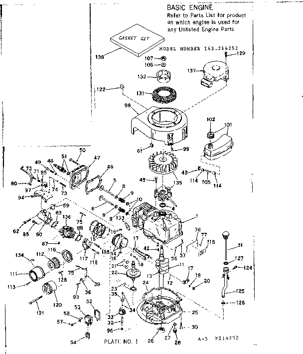 Basic Engine Diagram and Parts List for 143214252  Craftsman Engine