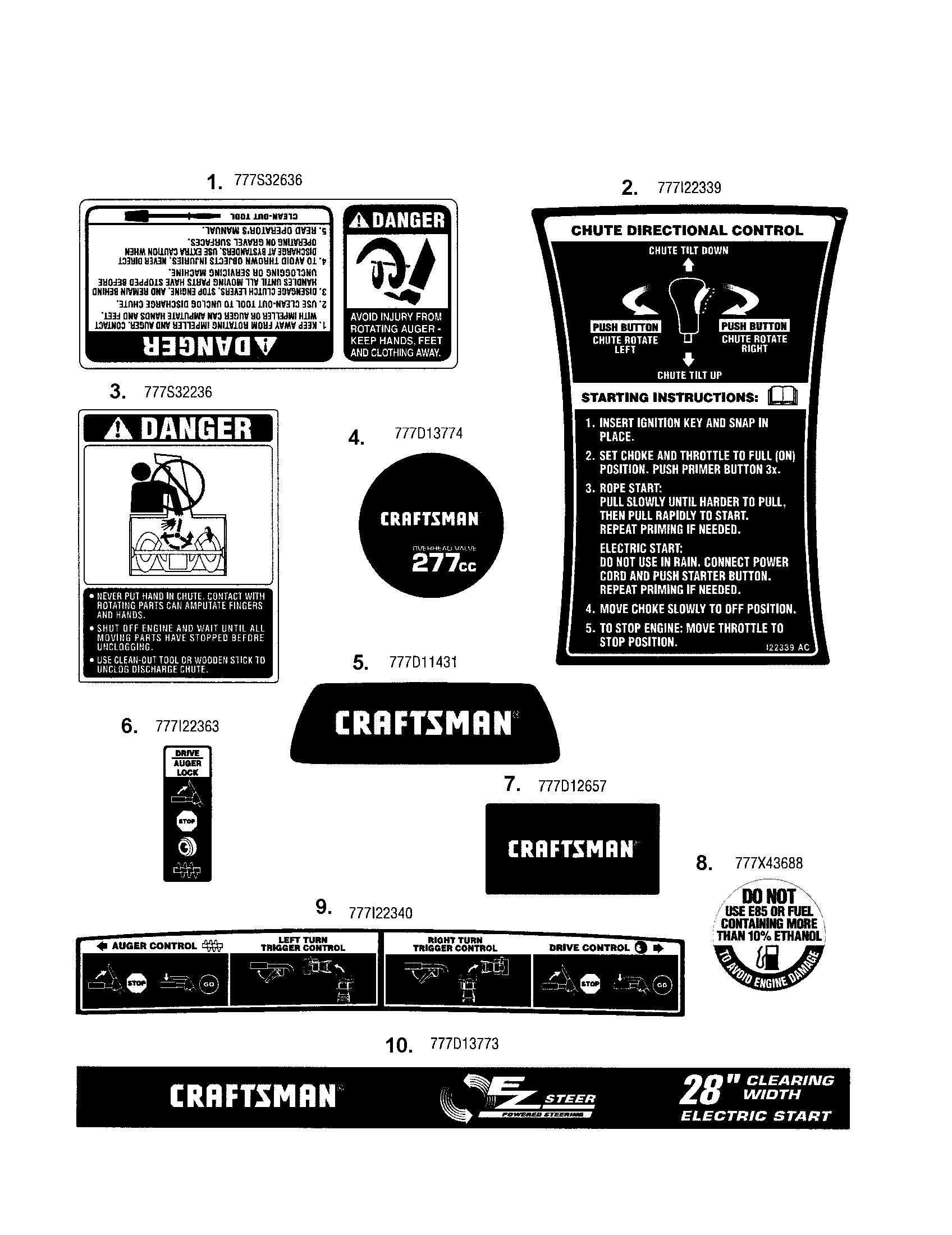 Decals Diagram and Parts List for 247887910  Craftsman Snow Blower