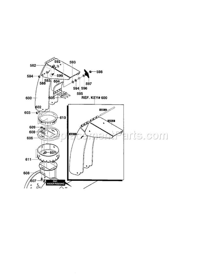 Discharge Chute Assembly Diagram and Parts List for 536881130  Craftsman Snow Blower