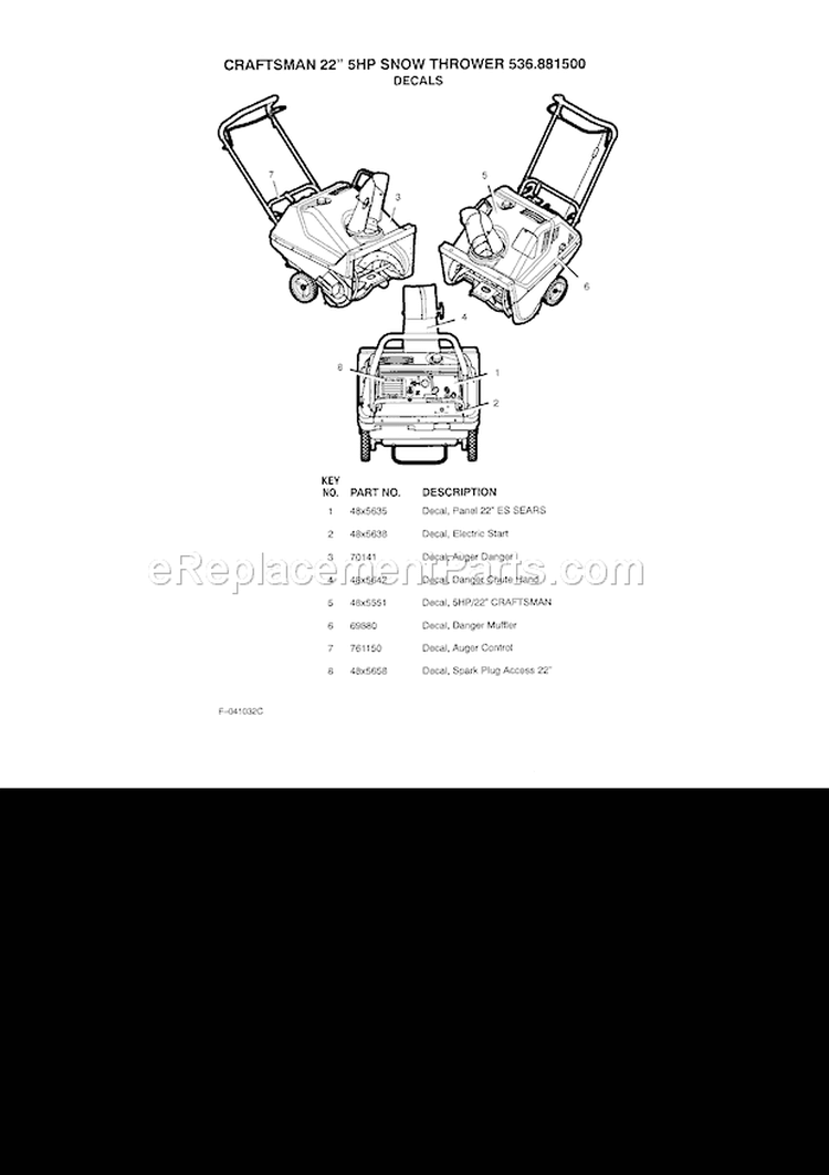 Decals Diagram and Parts List for 536881500  Craftsman Snow Blower